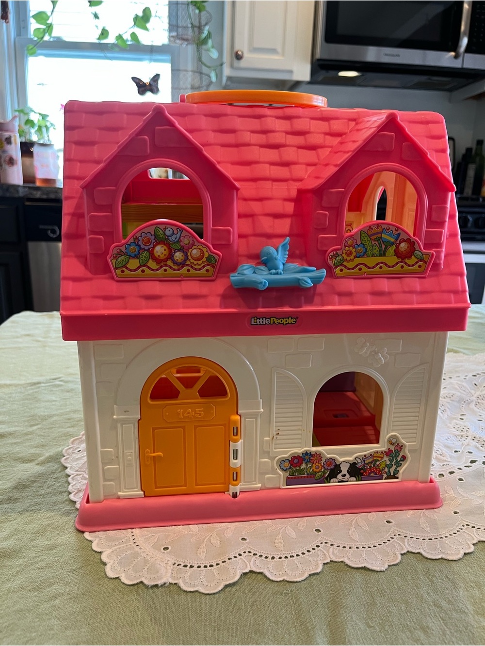 Little People Pink and White Playhouse with Orange Door